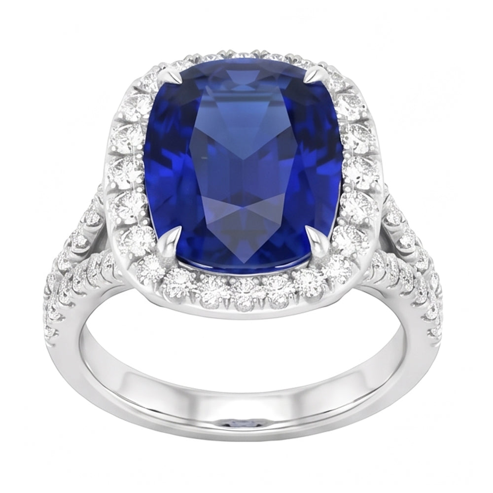 Anello con diamante ovale con zaffiro blu Halo 5.50 carati con gambo diviso pavé