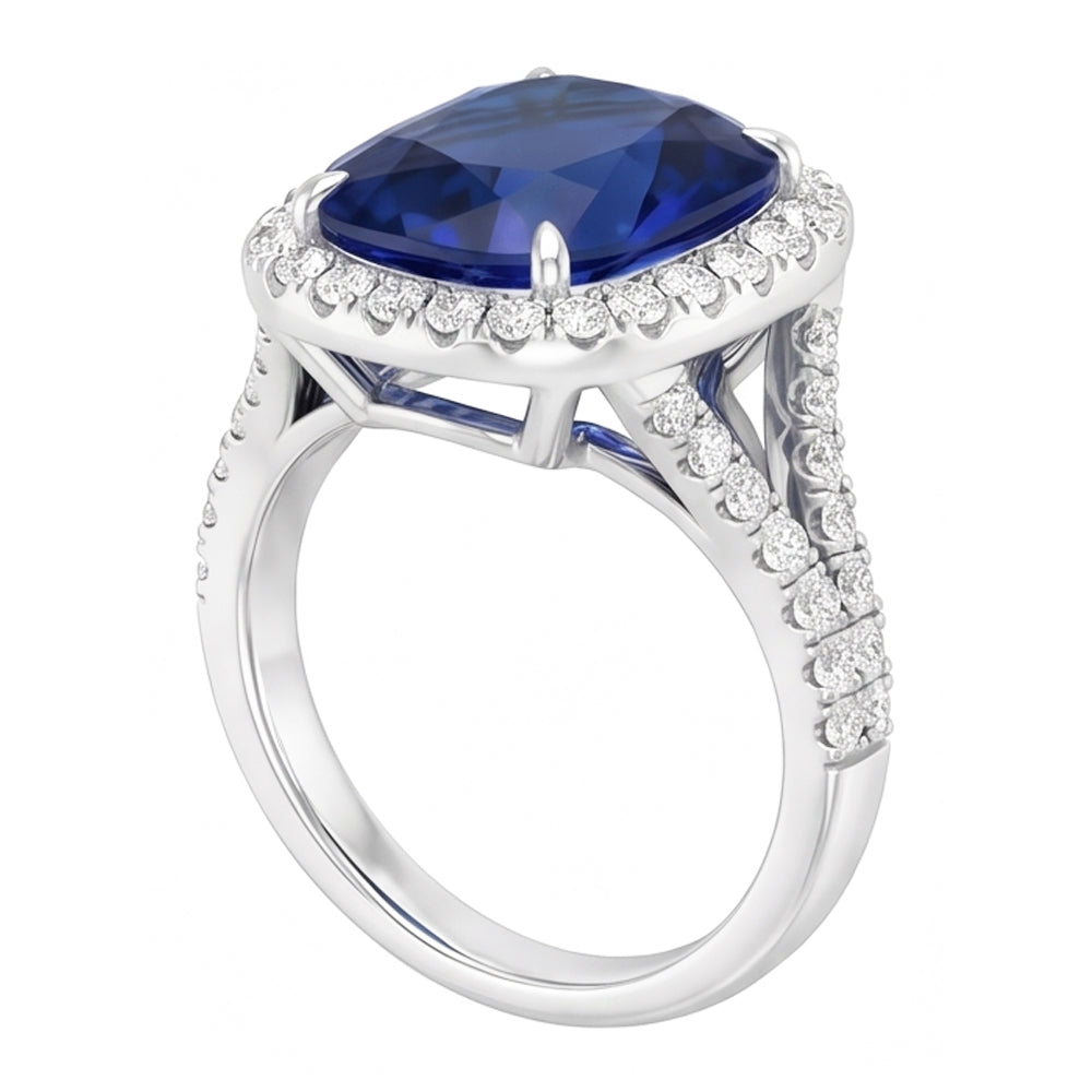 Anello con diamante ovale con zaffiro blu Halo 5.50 carati con gambo diviso pavé