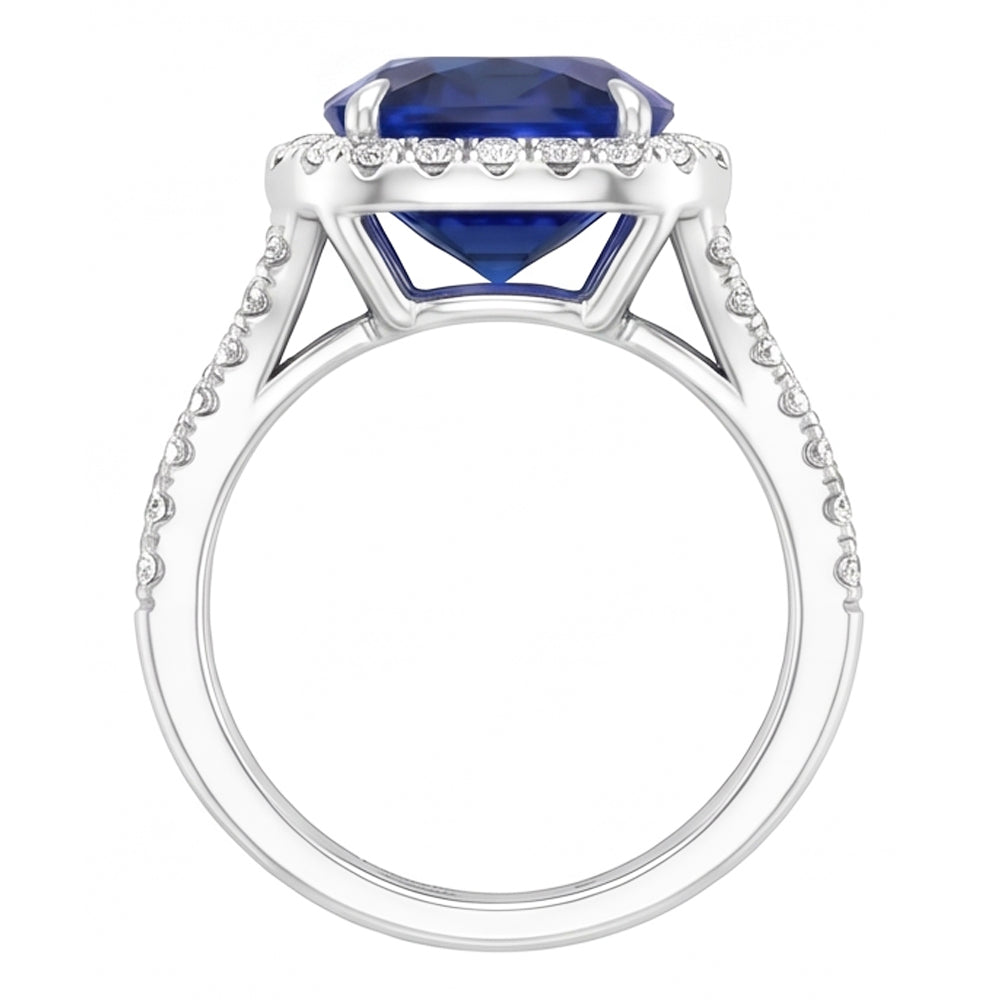 Anello con diamante ovale con zaffiro blu Halo 5.50 carati con gambo diviso pavé