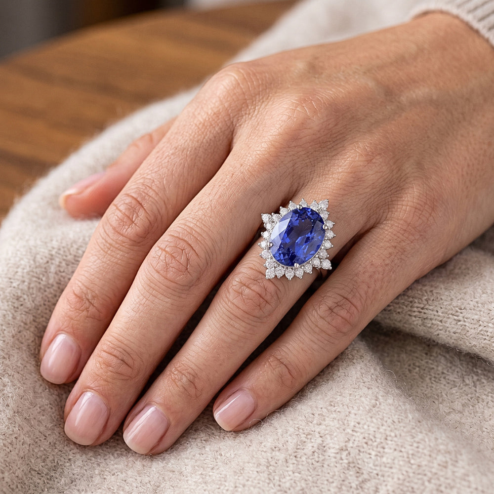 Anello con diamante ovale con zaffiro dello Sri Lanka, gioielli con pietre preziose da 8,50 carati