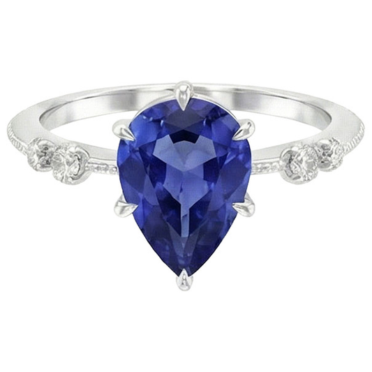 Anello con diamante. pera. zaffiro di Ceylon. 5 pietre. 2.50 carati