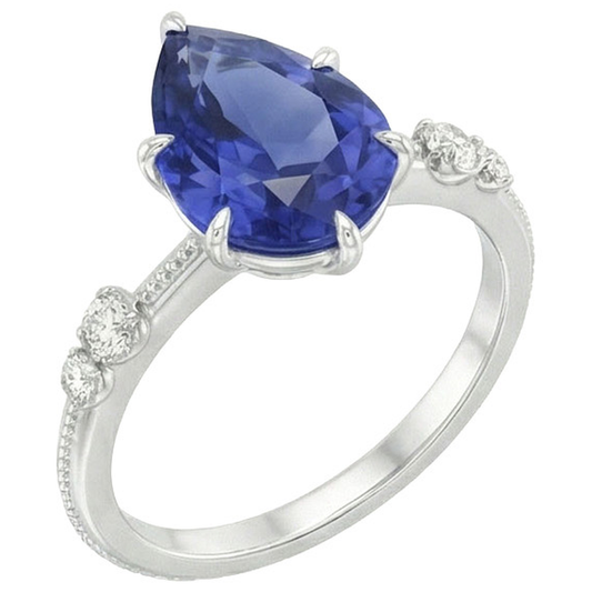 Anello con diamante. pera. zaffiro di Ceylon. 5 pietre. 2.50 carati