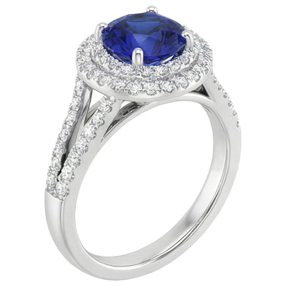 Anello con diamante rotondo Halo Blue Sapphire 3.50 carati New Gemstone Gold