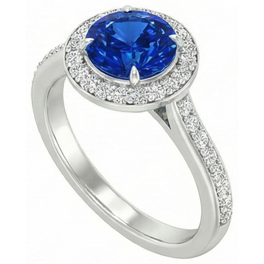 Anello con diamante rotondo con zaffiro blu dello Sri Lanka da 2,5 ct