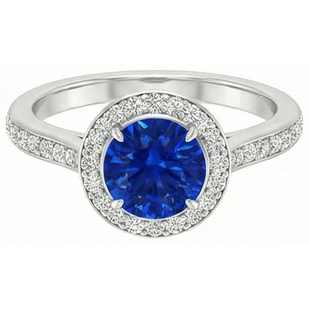 Anello con diamante rotondo con zaffiro blu dello Sri Lanka da 2,5 ct
