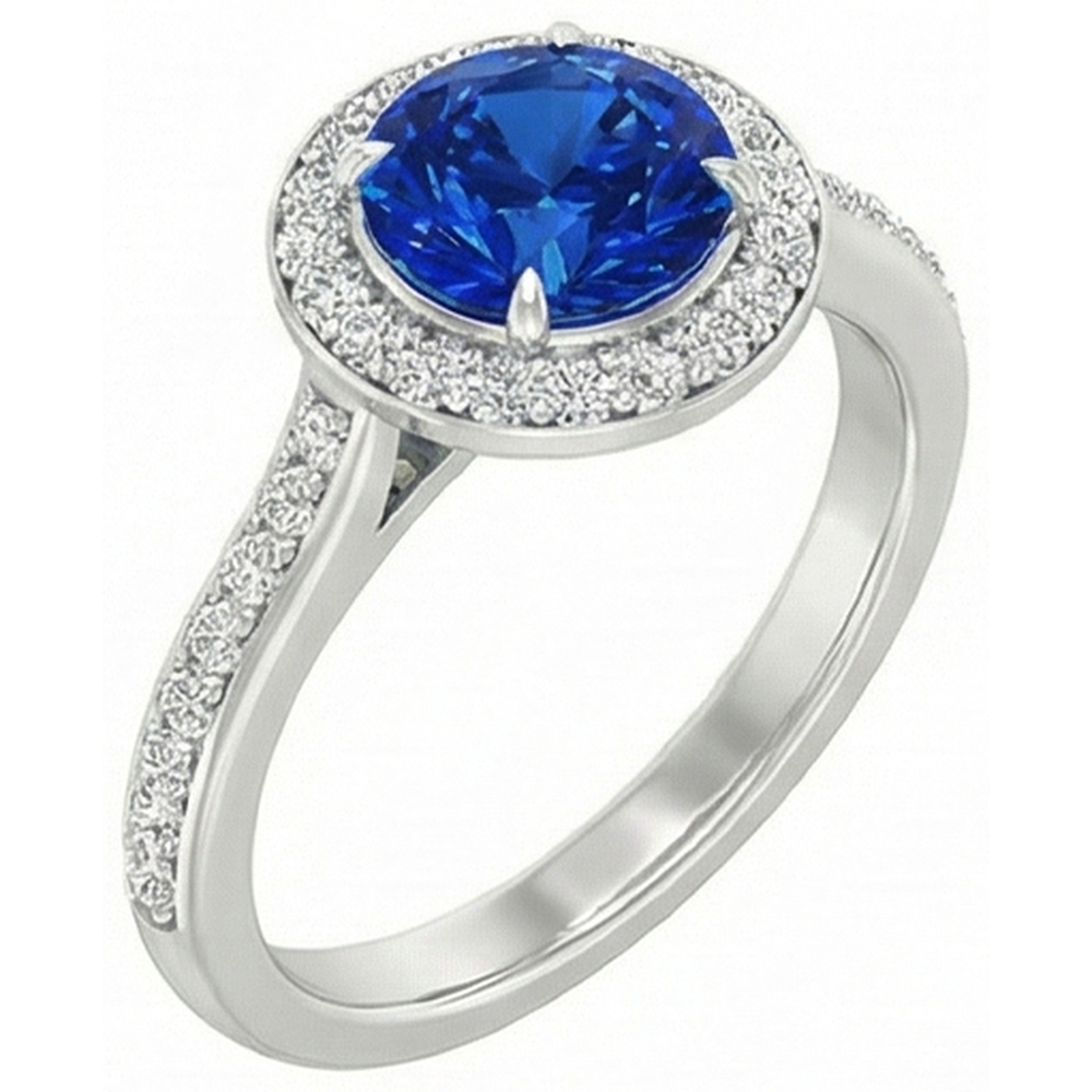 Anello con diamante rotondo con zaffiro blu dello Sri Lanka da 2,5 ct