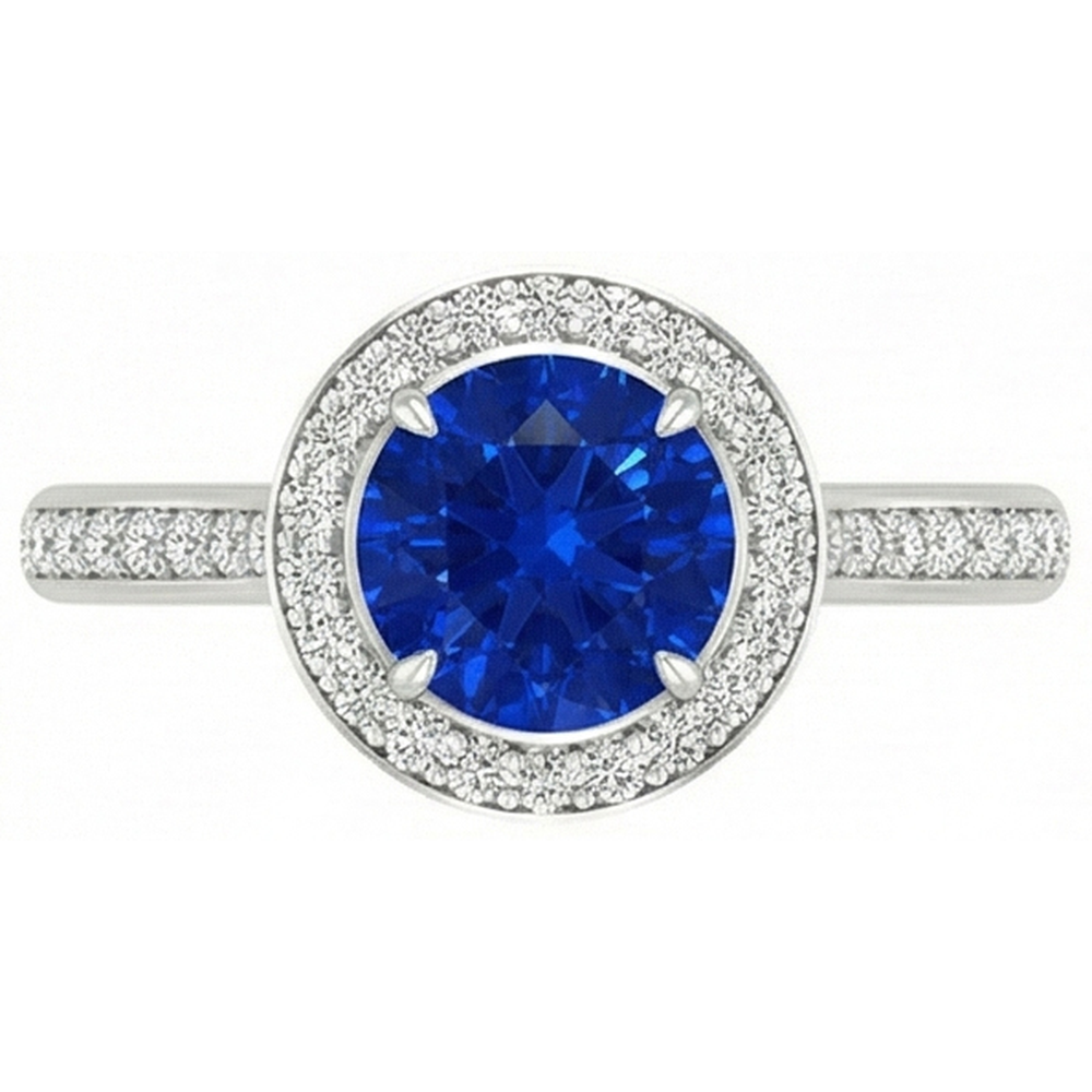 Anello con diamante rotondo con zaffiro blu dello Sri Lanka da 2,5 ct
