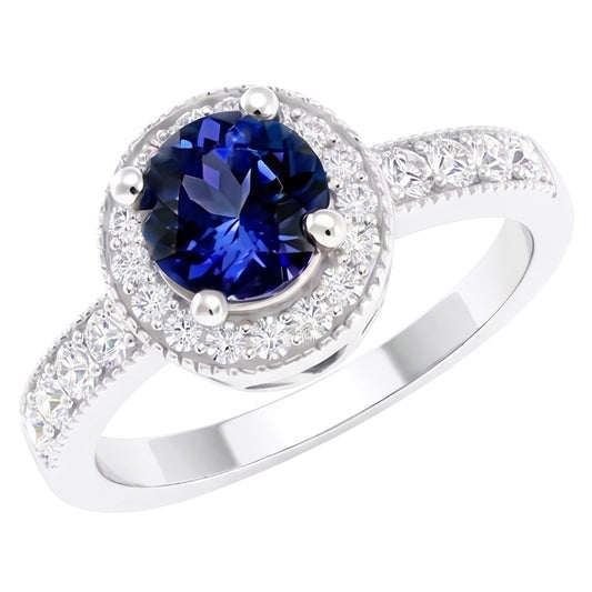 Anello con diamante rotondo con zaffiro di Ceylon Halo, gioielli in oro bianco 1,50 ct.