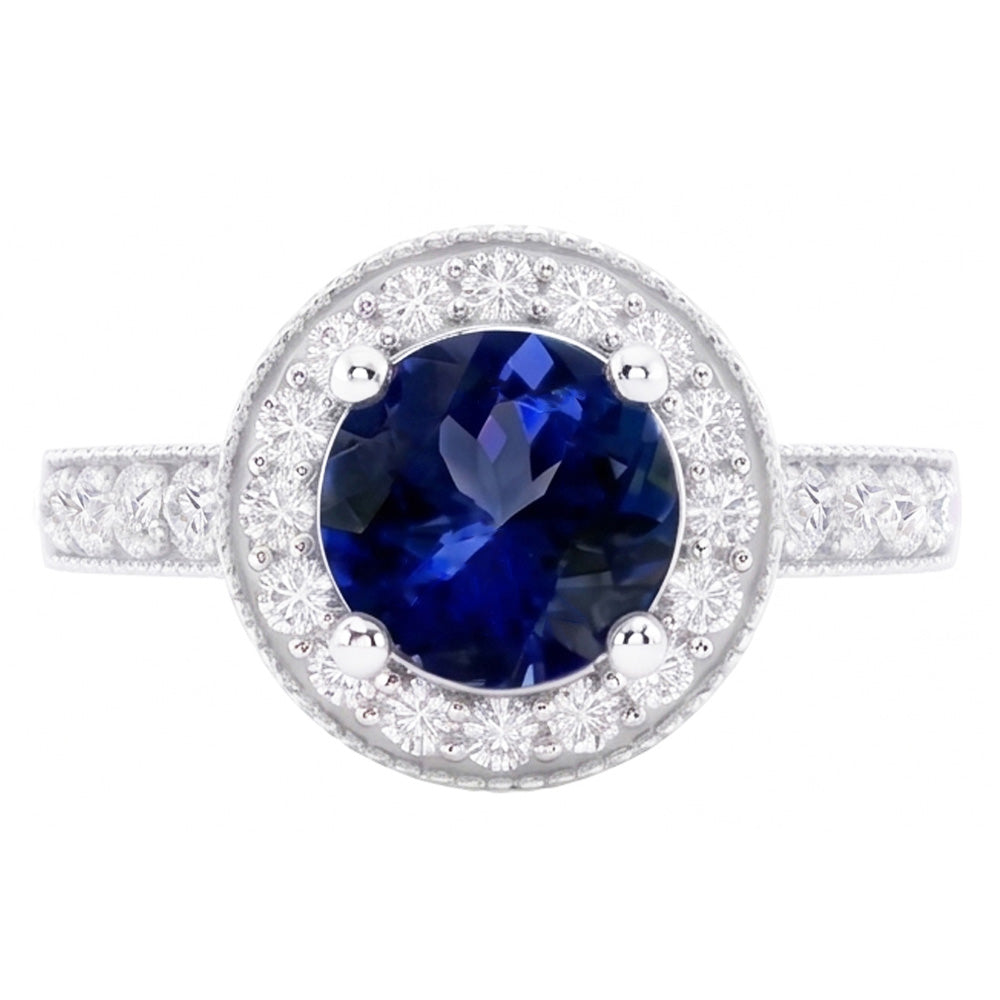 Anello con diamante rotondo con zaffiro di Ceylon Halo, gioielli in oro bianco 1,50 ct.