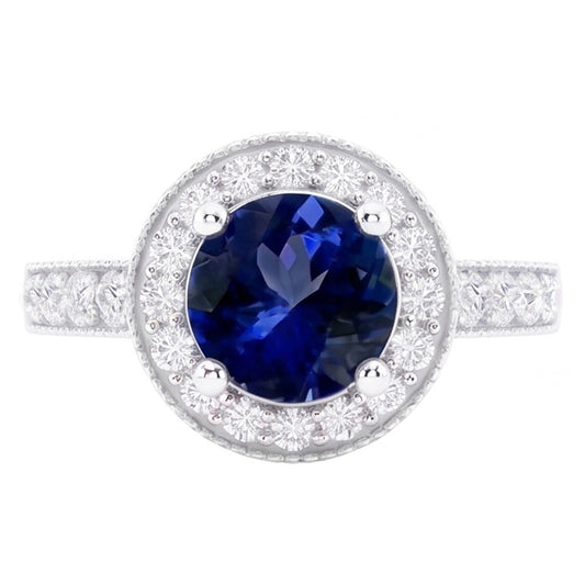 Anello con diamante rotondo con zaffiro di Ceylon Halo, gioielli in oro bianco 1,50 ct.