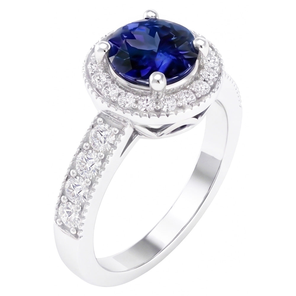 Anello con diamante rotondo con zaffiro di Ceylon Halo, gioielli in oro bianco 1,50 ct.