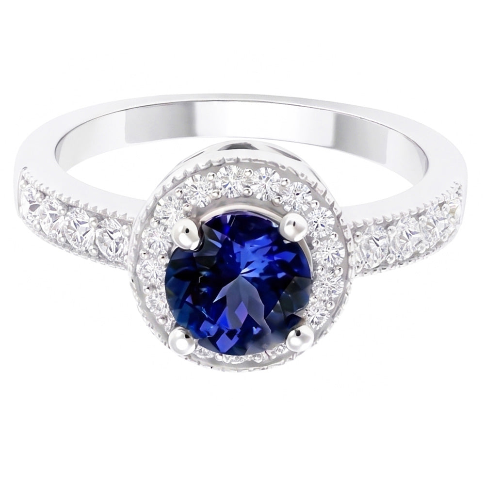 Anello con diamante rotondo con zaffiro di Ceylon Halo, gioielli in oro bianco 1,50 ct.