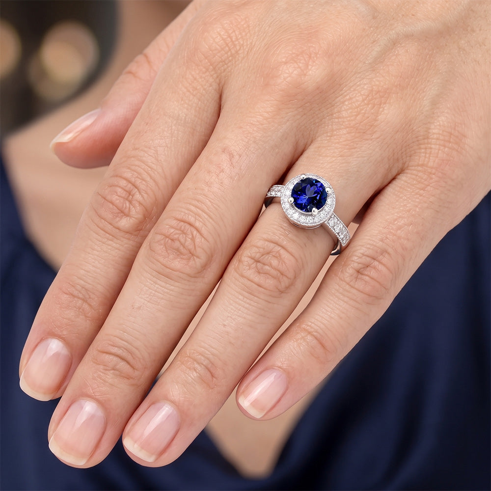 Anello con diamante rotondo con zaffiro di Ceylon Halo, gioielli in oro bianco 1,50 ct.