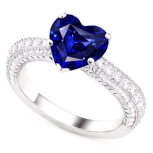 Anello con diamante stile vintage 4 carati con zaffiro blu naturale taglio a cuore