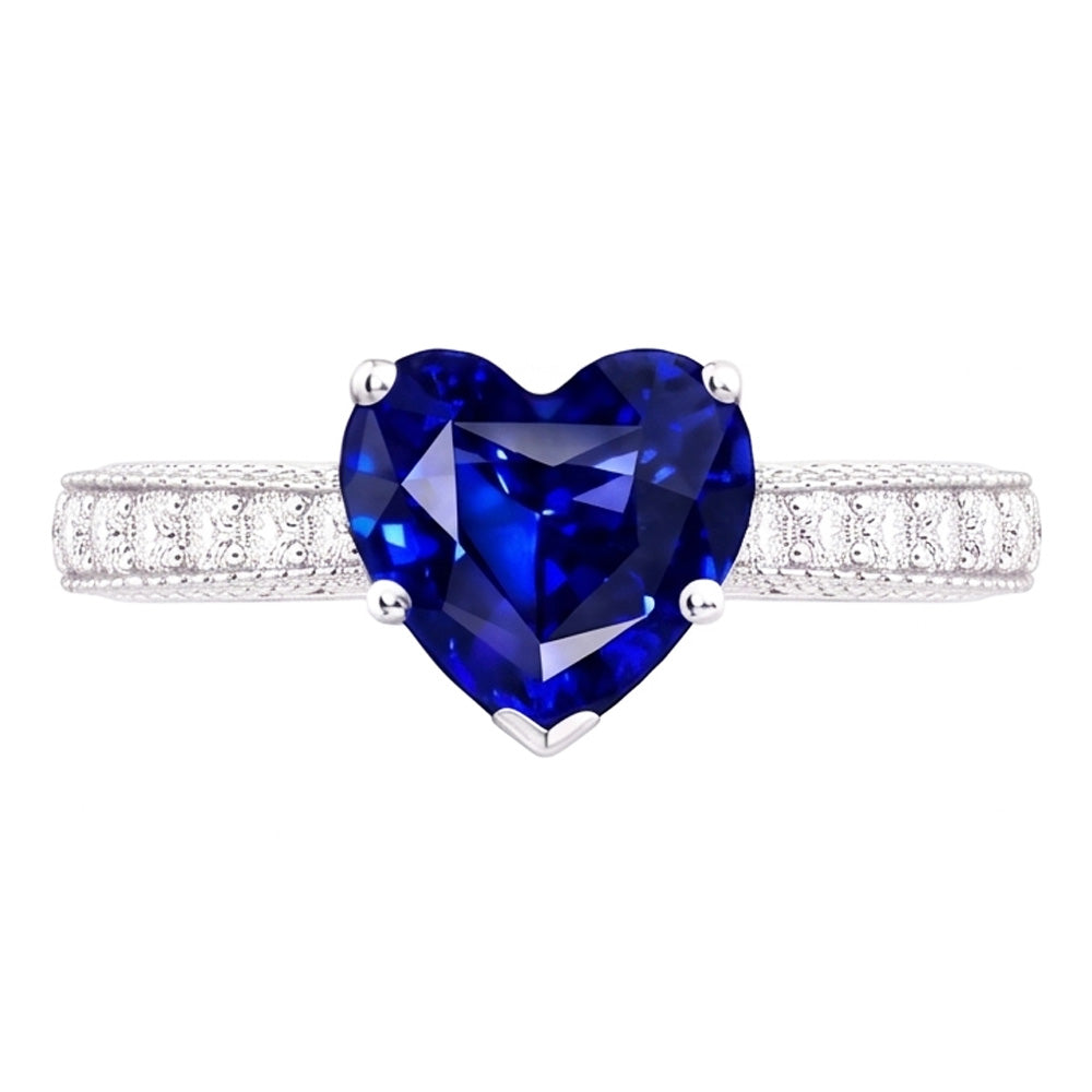 Anello con diamante stile vintage 4 carati con zaffiro blu naturale taglio a cuore
