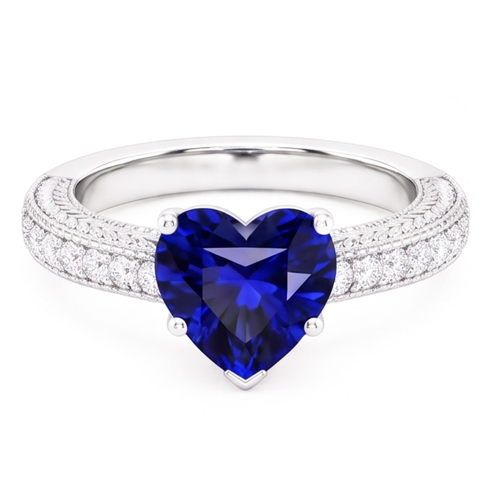 Anello con diamante stile vintage 4 carati con zaffiro blu naturale taglio a cuore