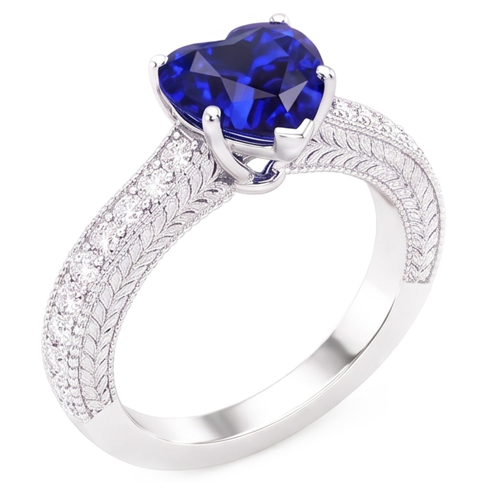 Anello con diamante stile vintage 4 carati con zaffiro blu naturale taglio a cuore