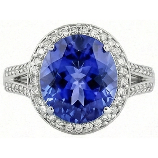 Anello con diamante tanzanite da 4.50 carati con montatura ovale con alone