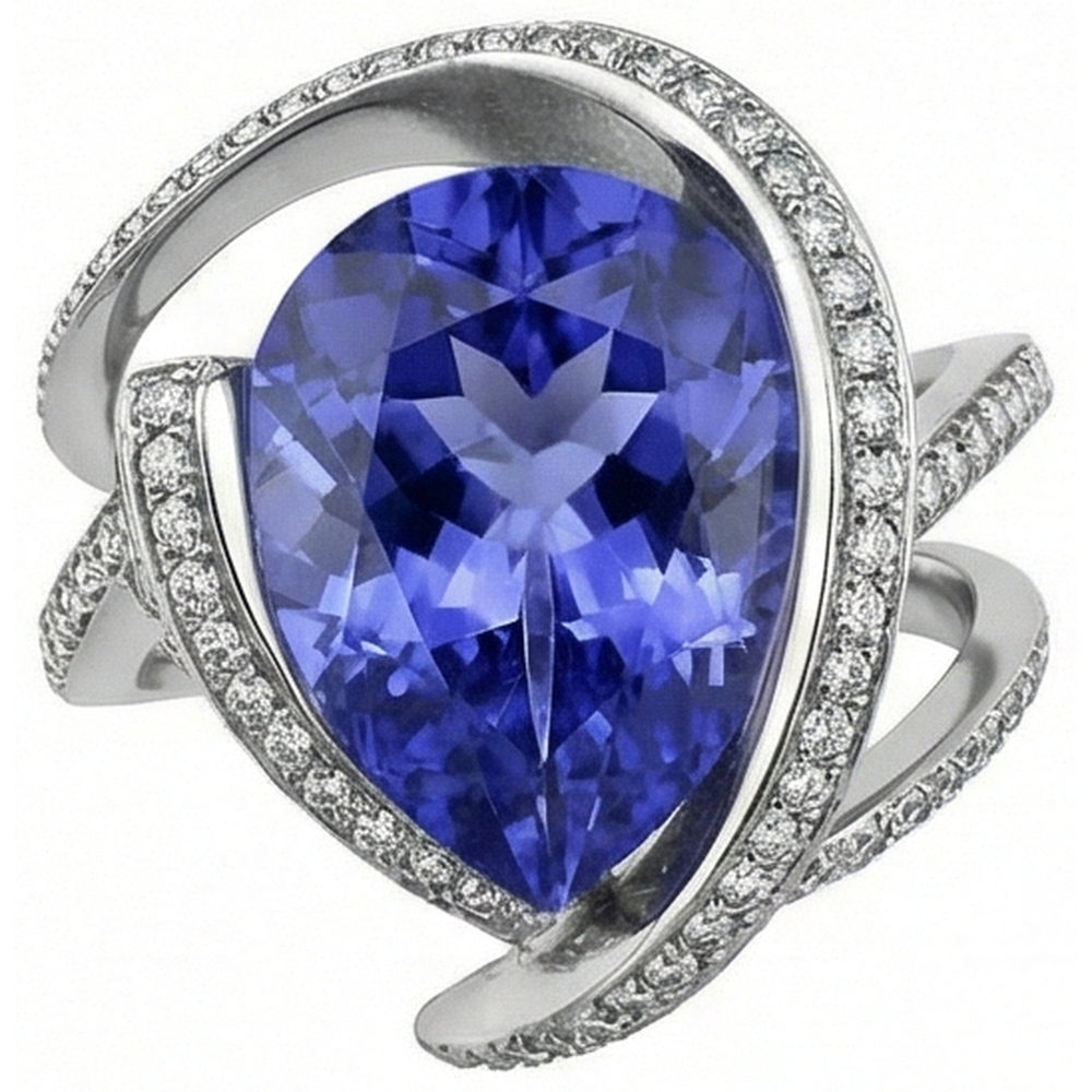 Anello con diamante tanzanite pera 5 carati gemma oro bianco 14k gioielli
