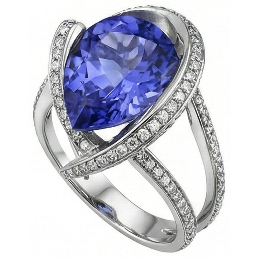 Anello con diamante tanzanite pera 5 carati gemma oro bianco 14k gioielli