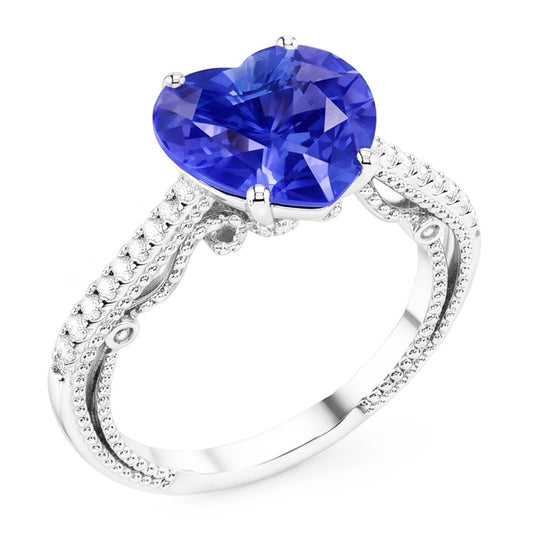 Anello con diamante zaffiro blu 3 carati con pavé di accenti in oro 14k Milgrain
