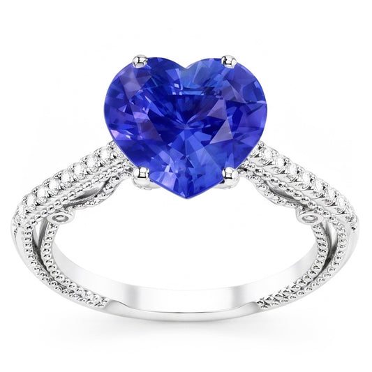Anello con diamante zaffiro blu 3 carati con pavé di accenti in oro 14k Milgrain
