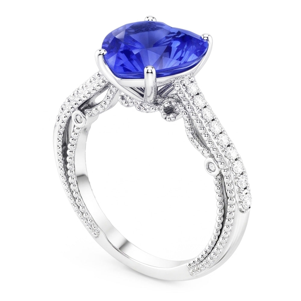 Anello con diamante zaffiro blu 3 carati con pavé di accenti in oro 14k Milgrain