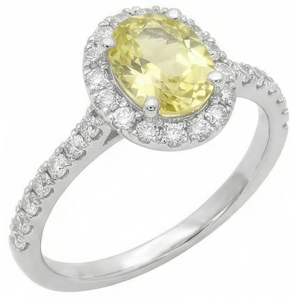 Anello con diamante zaffiro giallo taglio ovale e rotondo 5 carati in oro bianco 14K