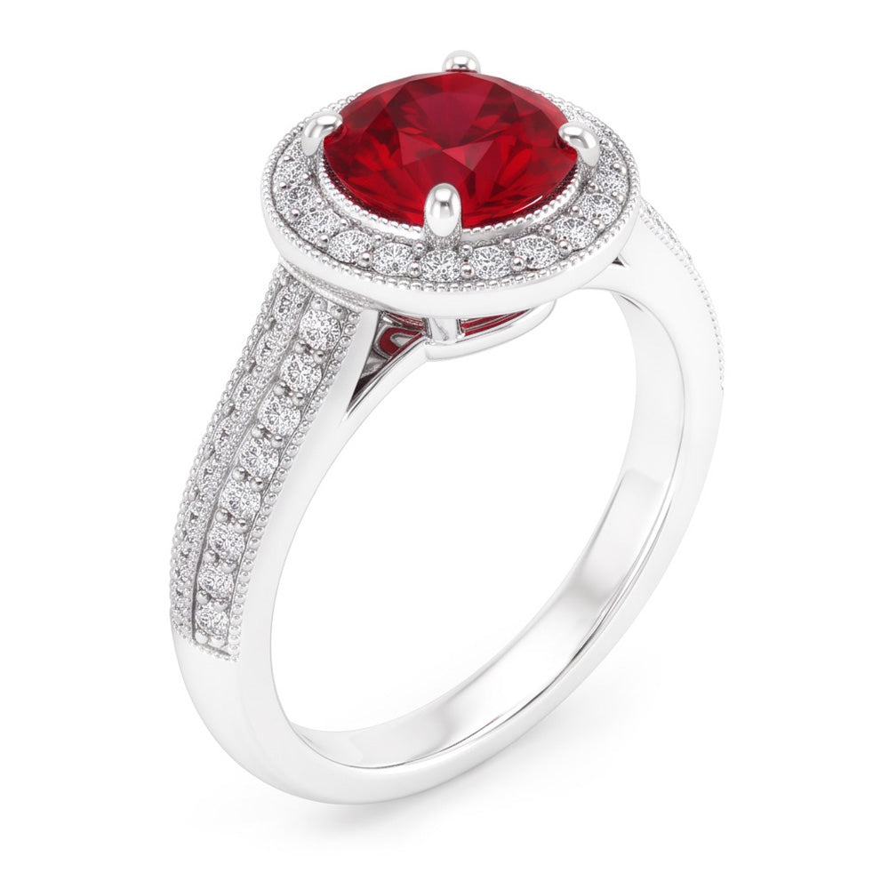 Anello con diamante zaffiro rosso taglio rotondo gioielli in oro bianco 1.5 carati