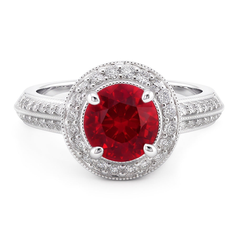 Anello con diamante zaffiro rosso taglio rotondo gioielli in oro bianco 1.5 carati