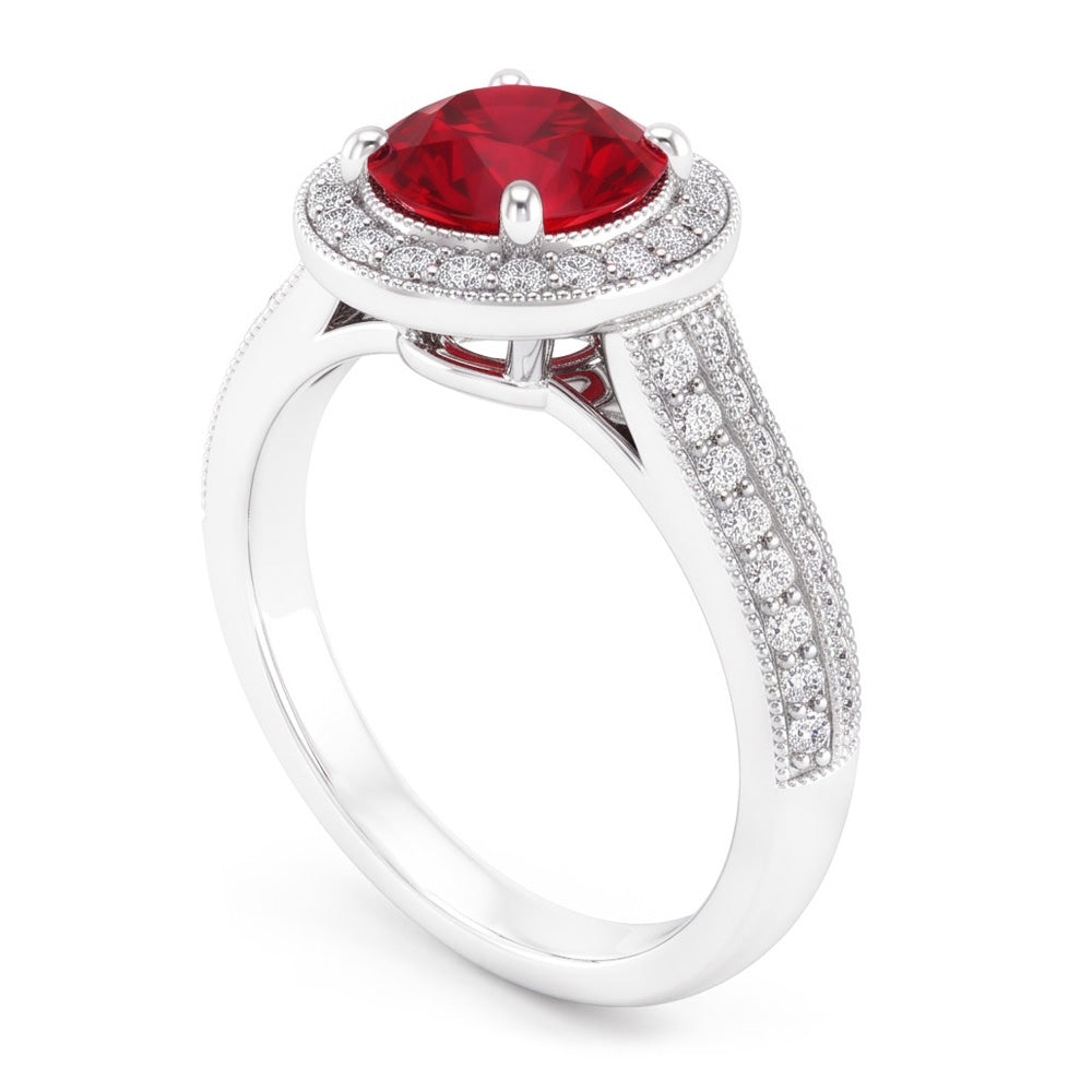 Anello con diamante zaffiro rosso taglio rotondo gioielli in oro bianco 1.5 carati