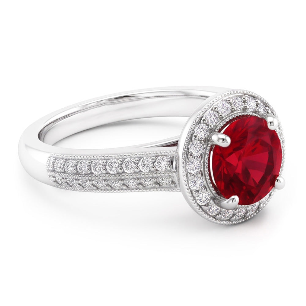Anello con diamante zaffiro rosso taglio rotondo gioielli in oro bianco 1.5 carati
