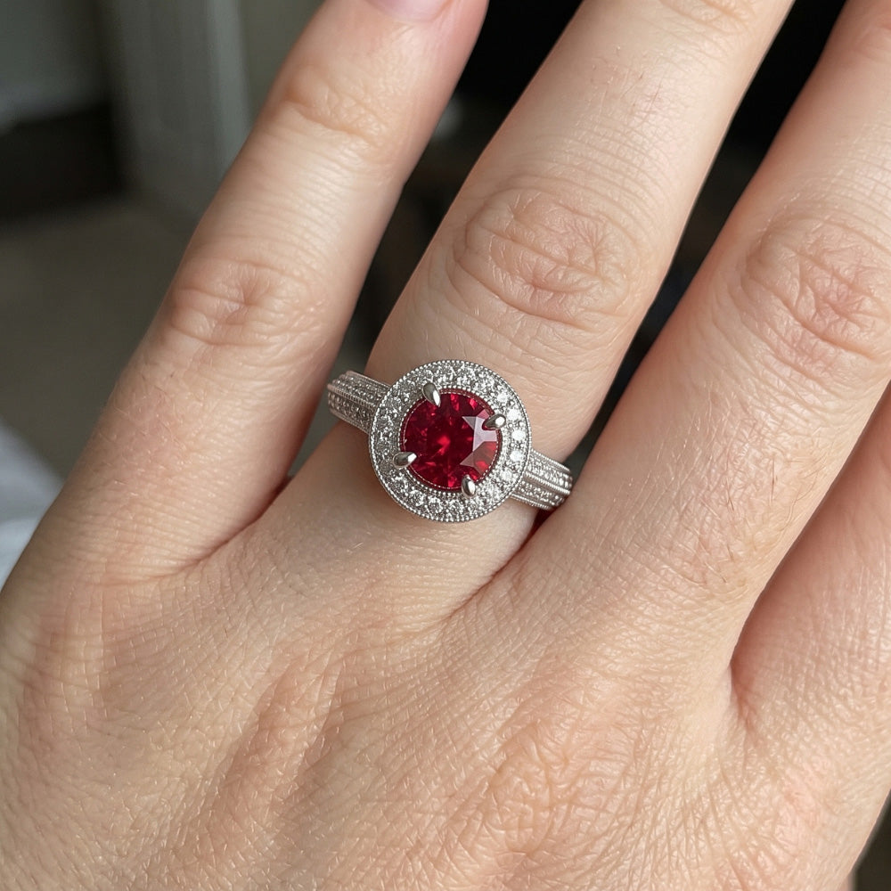 Anello con diamante zaffiro rosso taglio rotondo gioielli in oro bianco 1.5 carati