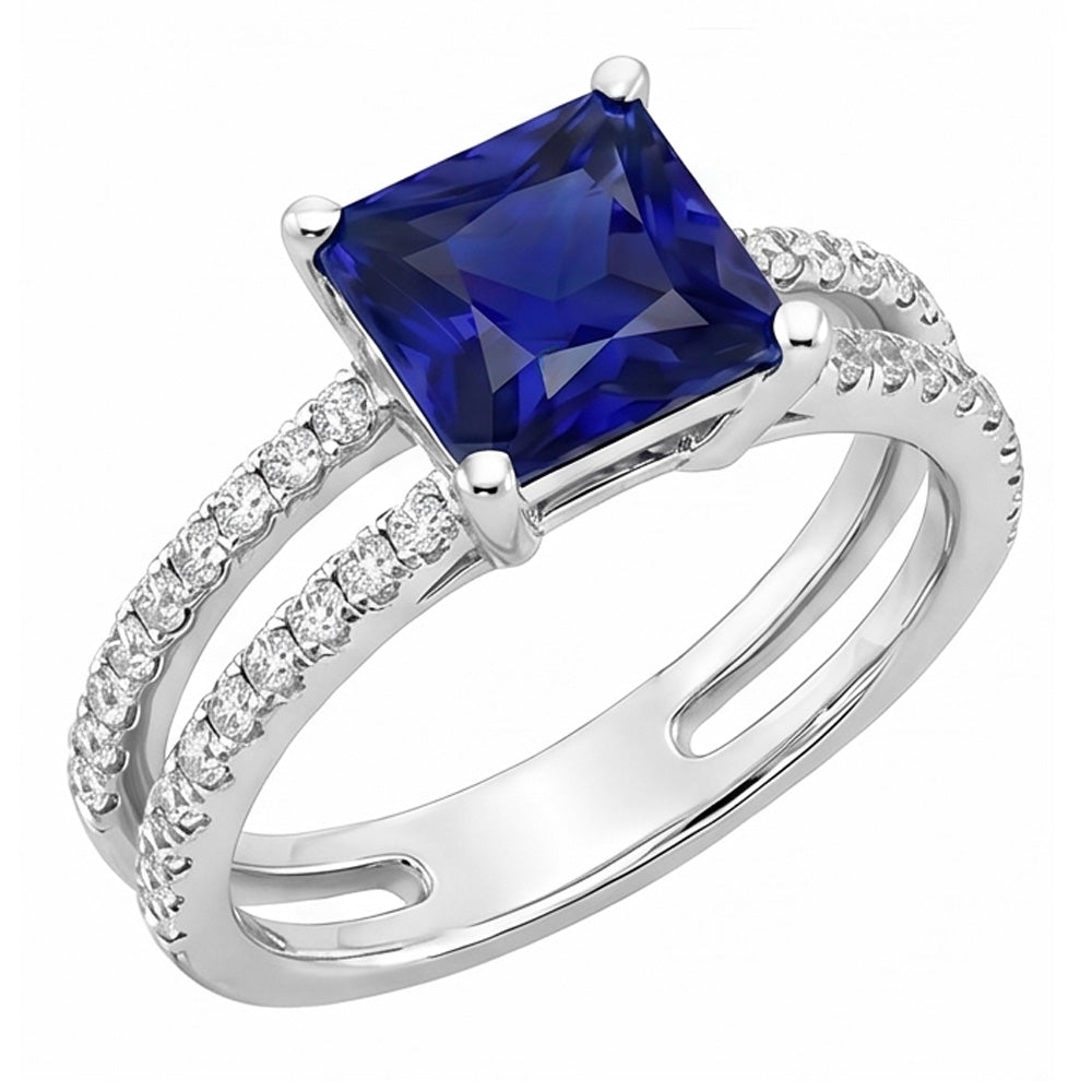 Anello con diamante zaffiro taglio principessa con accenti gambo diviso 6 carati