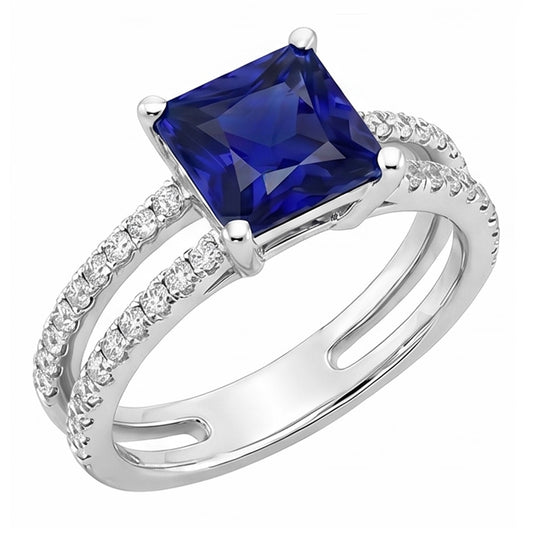 Anello con diamante zaffiro taglio principessa con accenti gambo diviso 6 carati