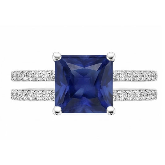 Anello con diamante zaffiro taglio principessa con accenti gambo diviso 6 carati