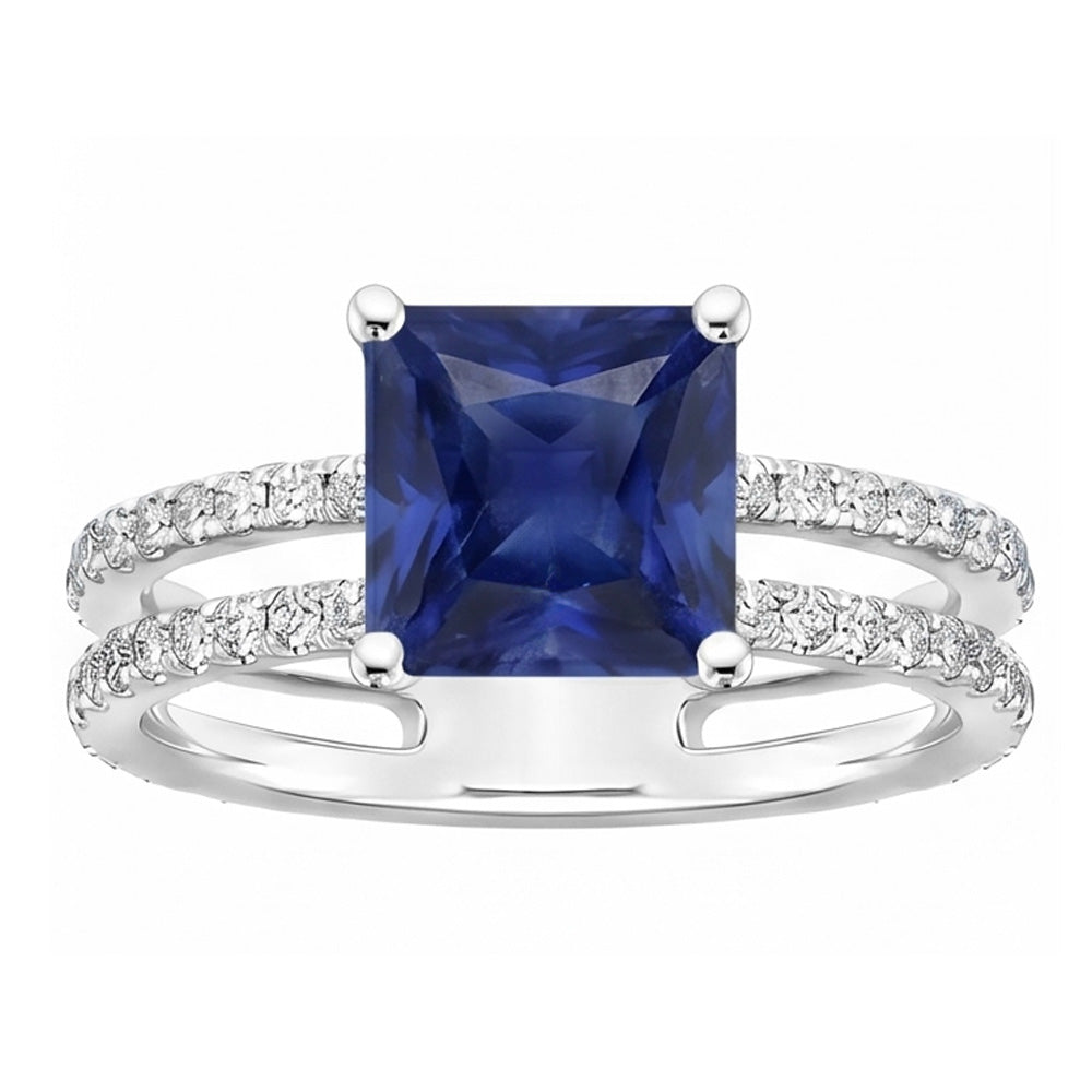 Anello con diamante zaffiro taglio principessa con accenti gambo diviso 6 carati