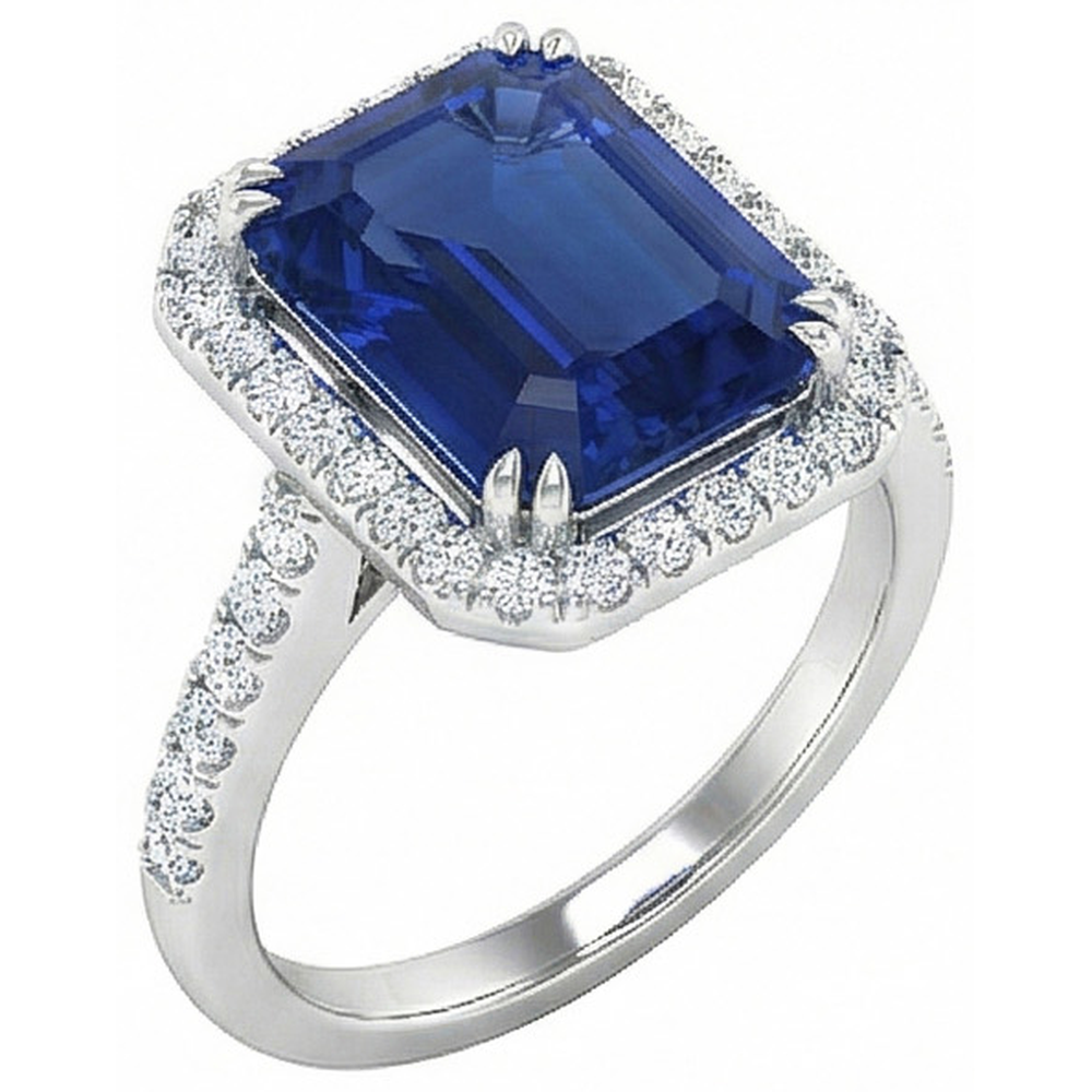 Anello con diamante zaffiro taglio smeraldo blu 2,70 carati in oro bianco 14K
