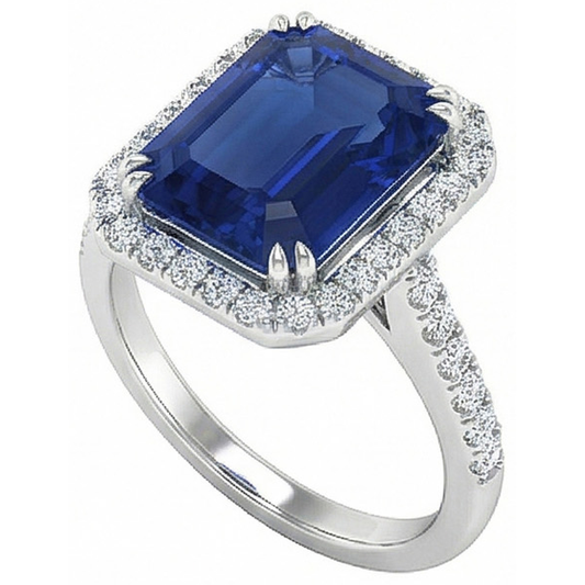 Anello con diamante zaffiro taglio smeraldo blu 2,70 carati in oro bianco 14K