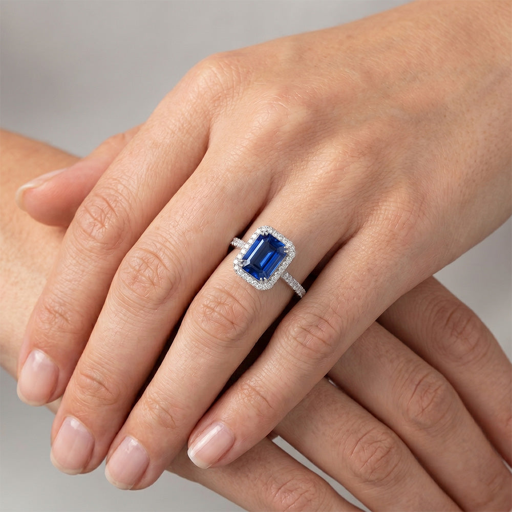 Anello con diamante zaffiro taglio smeraldo blu 2,70 carati in oro bianco 14K