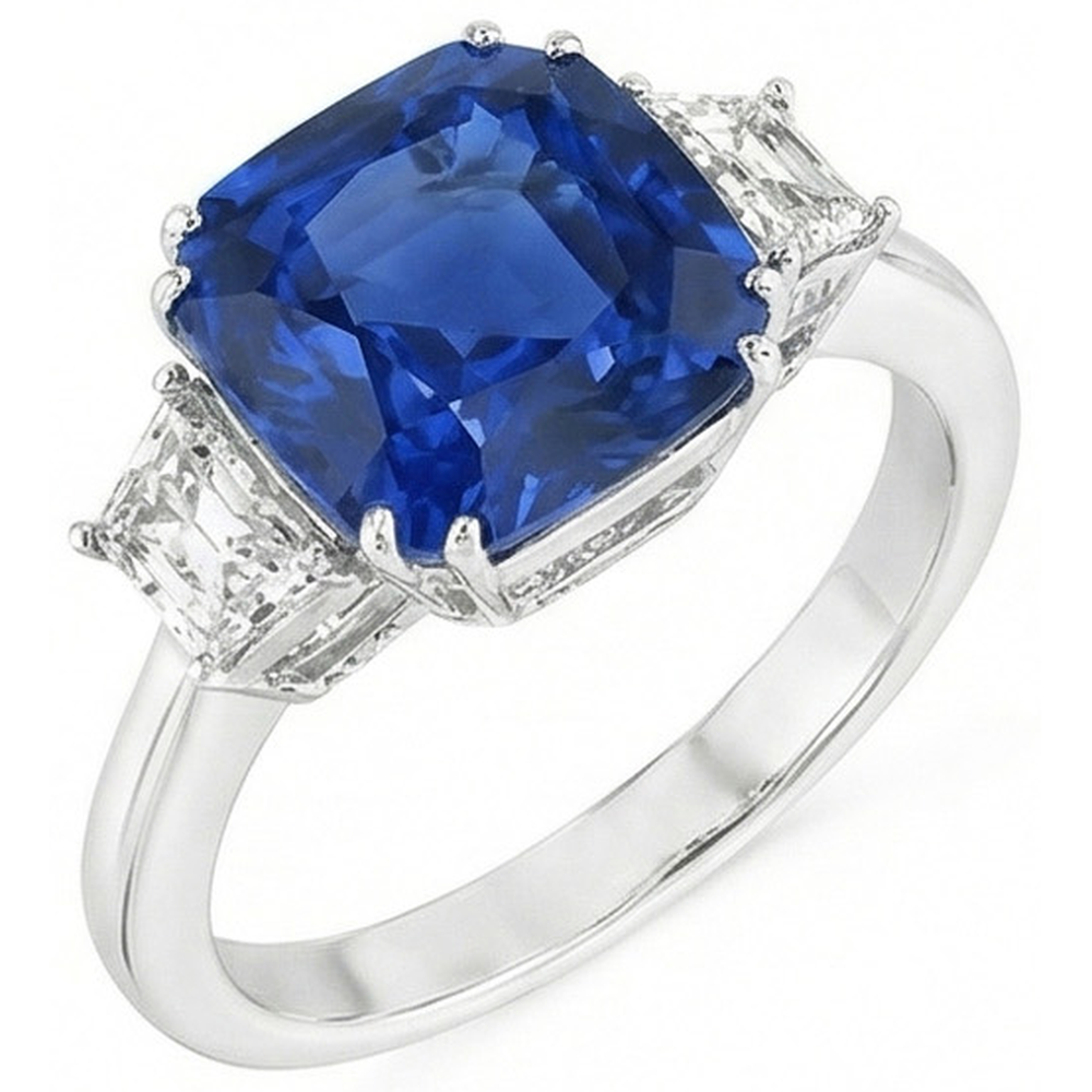 Anello con diamanti Asscher con zaffiro blu dello Sri Lanka, 2 ct. WG 14K
