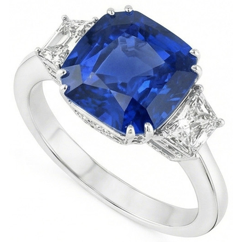 Anello con diamanti Asscher con zaffiro blu dello Sri Lanka, 2 ct. WG 14K
