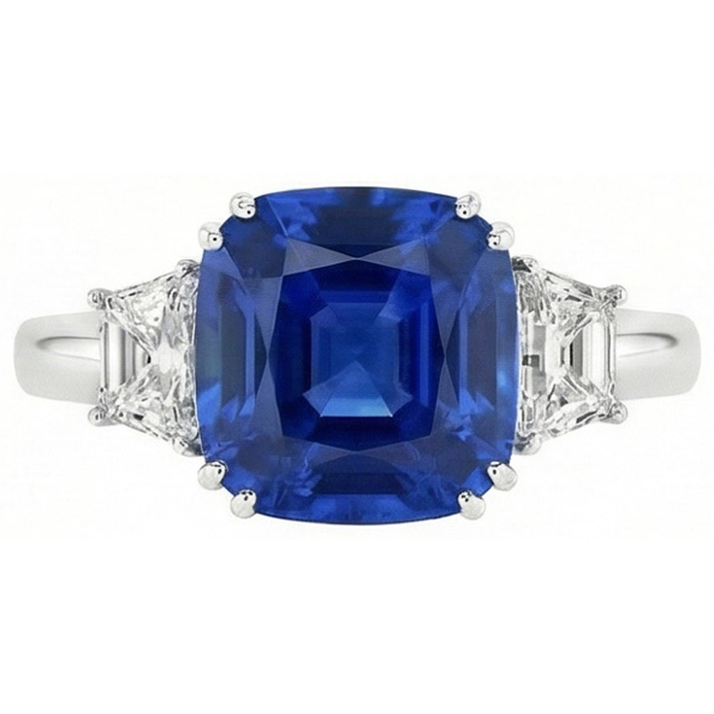 Anello con diamanti Asscher con zaffiro blu dello Sri Lanka, 2 ct. WG 14K