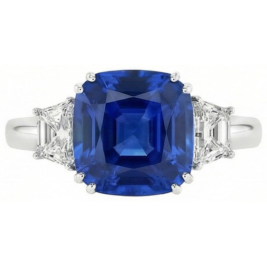 Anello con diamanti Asscher con zaffiro blu dello Sri Lanka, 2 ct. WG 14K