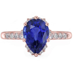 Anello con diamanti Halo Pear Blue Sapphire Ring 4 carati in oro rosa 14K