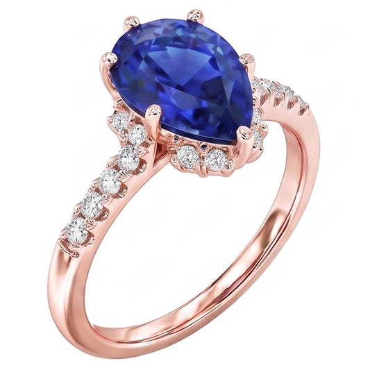 Anello con diamanti Halo Pear Blue Sapphire Ring 4 carati in oro rosa 14K