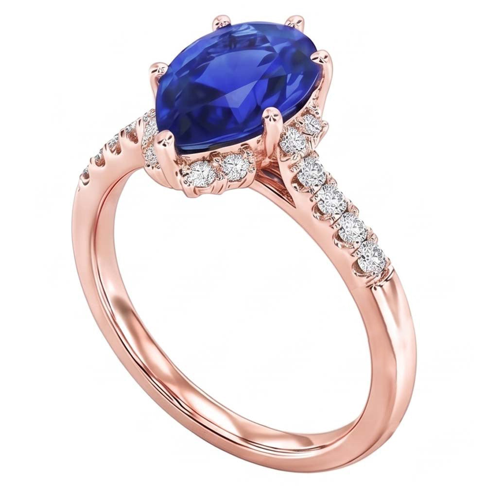 Anello con diamanti Halo Pear Blue Sapphire Ring 4 carati in oro rosa 14K