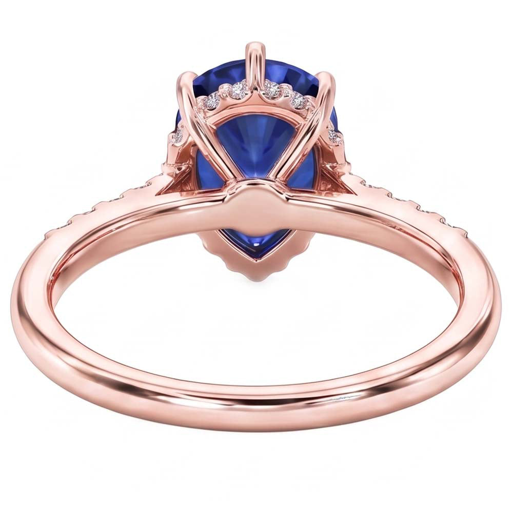 Anello con diamanti Halo Pear Blue Sapphire Ring 4 carati in oro rosa 14K