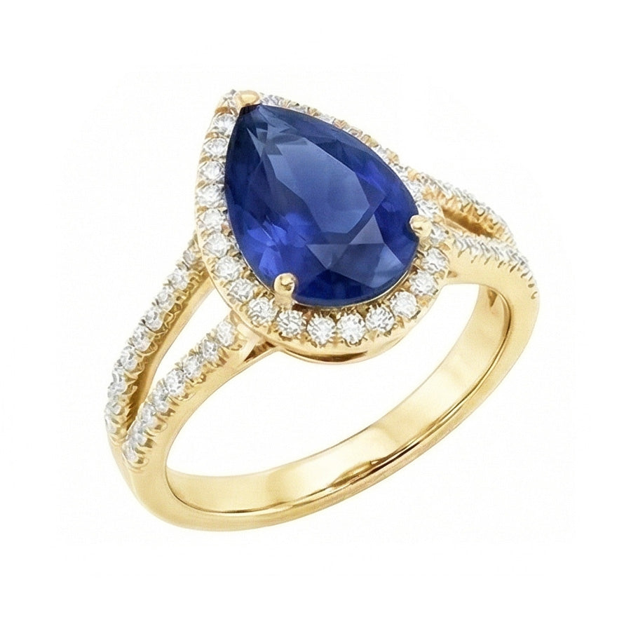 Anello con diamanti Halo e zaffiro a pera dello Sri Lanka 8 carati con gambo diviso