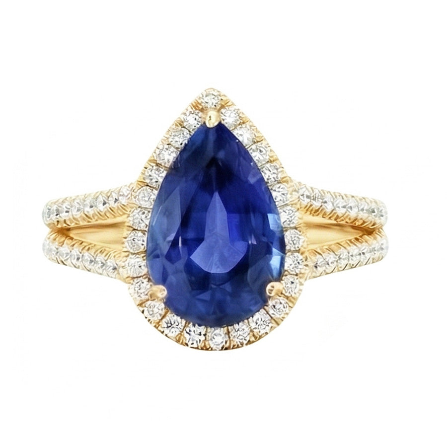 Anello con diamanti Halo e zaffiro a pera dello Sri Lanka 8 carati con gambo diviso
